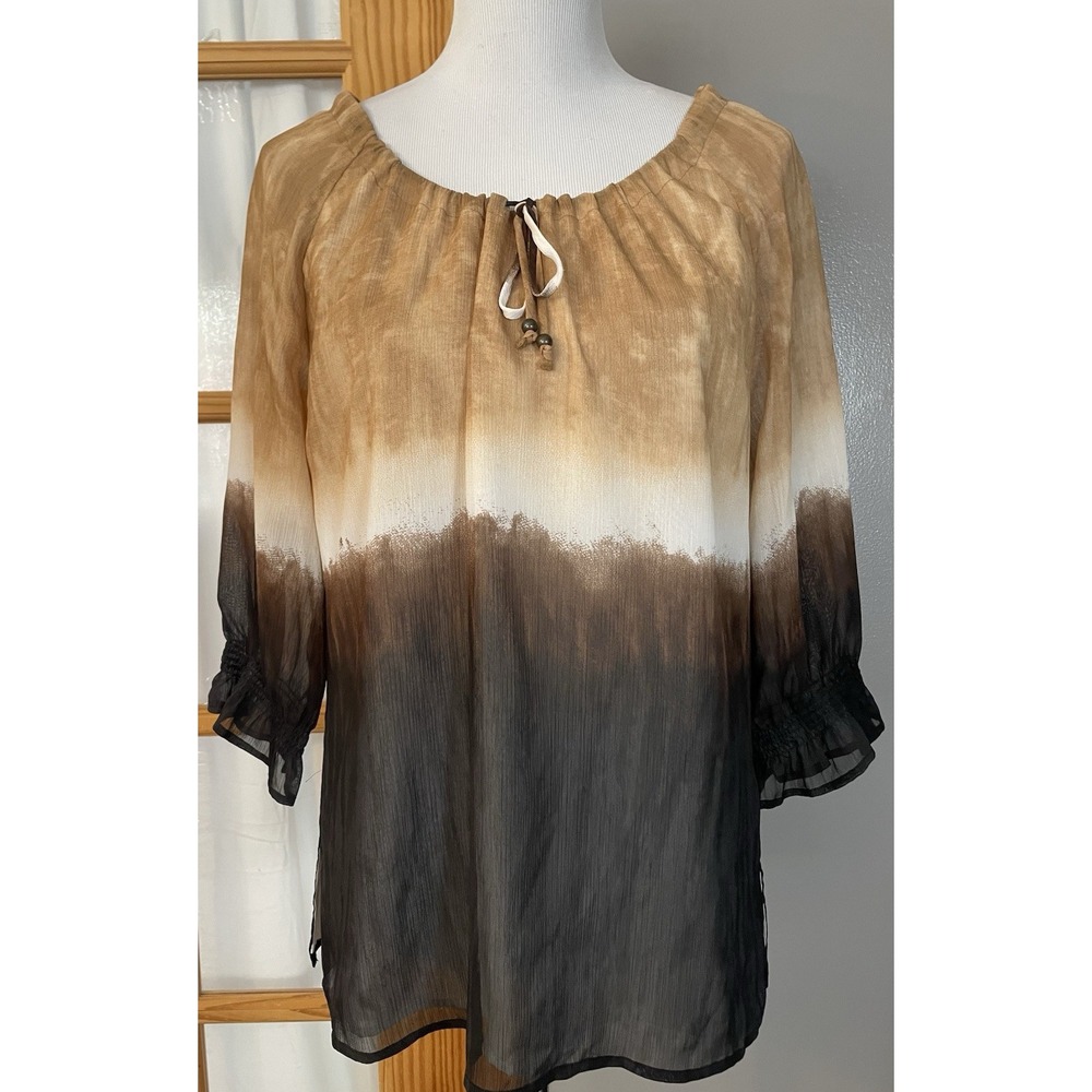 Ashley Stewart Pullover Blouse Sz S Beige Brown Drawstring Neck Relaxed Fit Boho